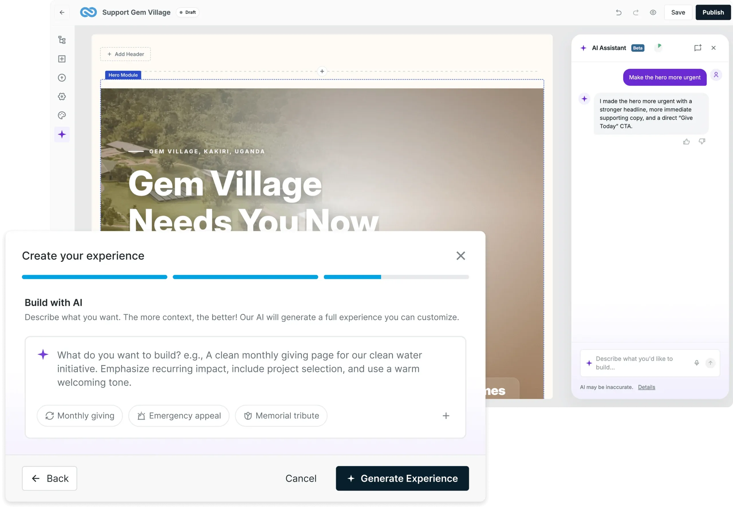 Virtuous AI Builder creating a fundraising experience from a natural-language prompt