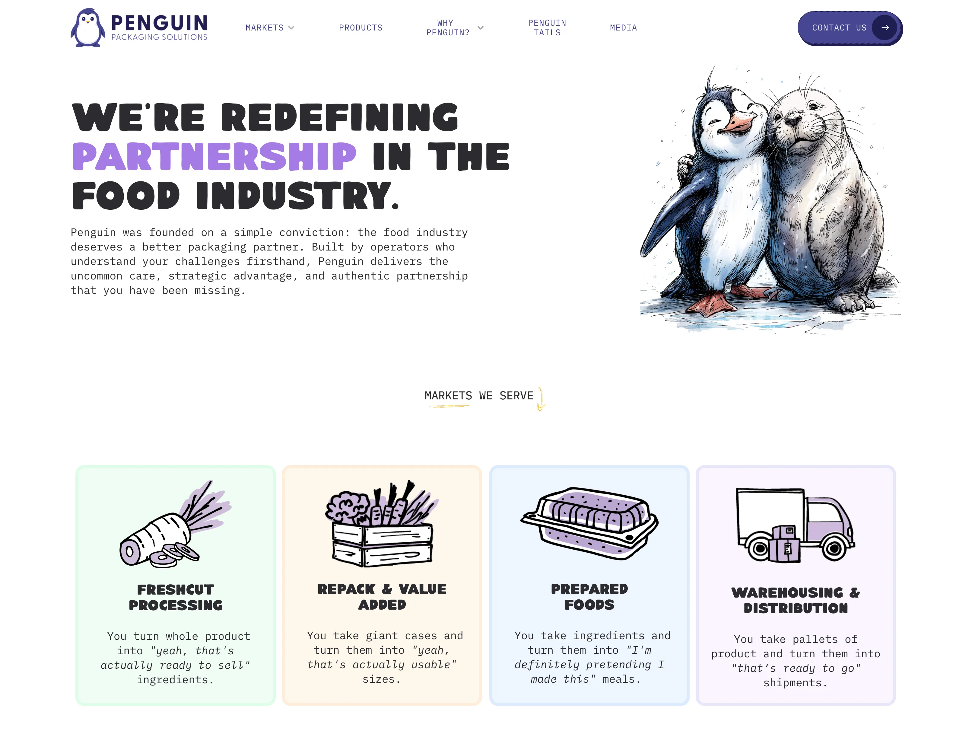 Penguin website homepage with market cards and illustrated characters