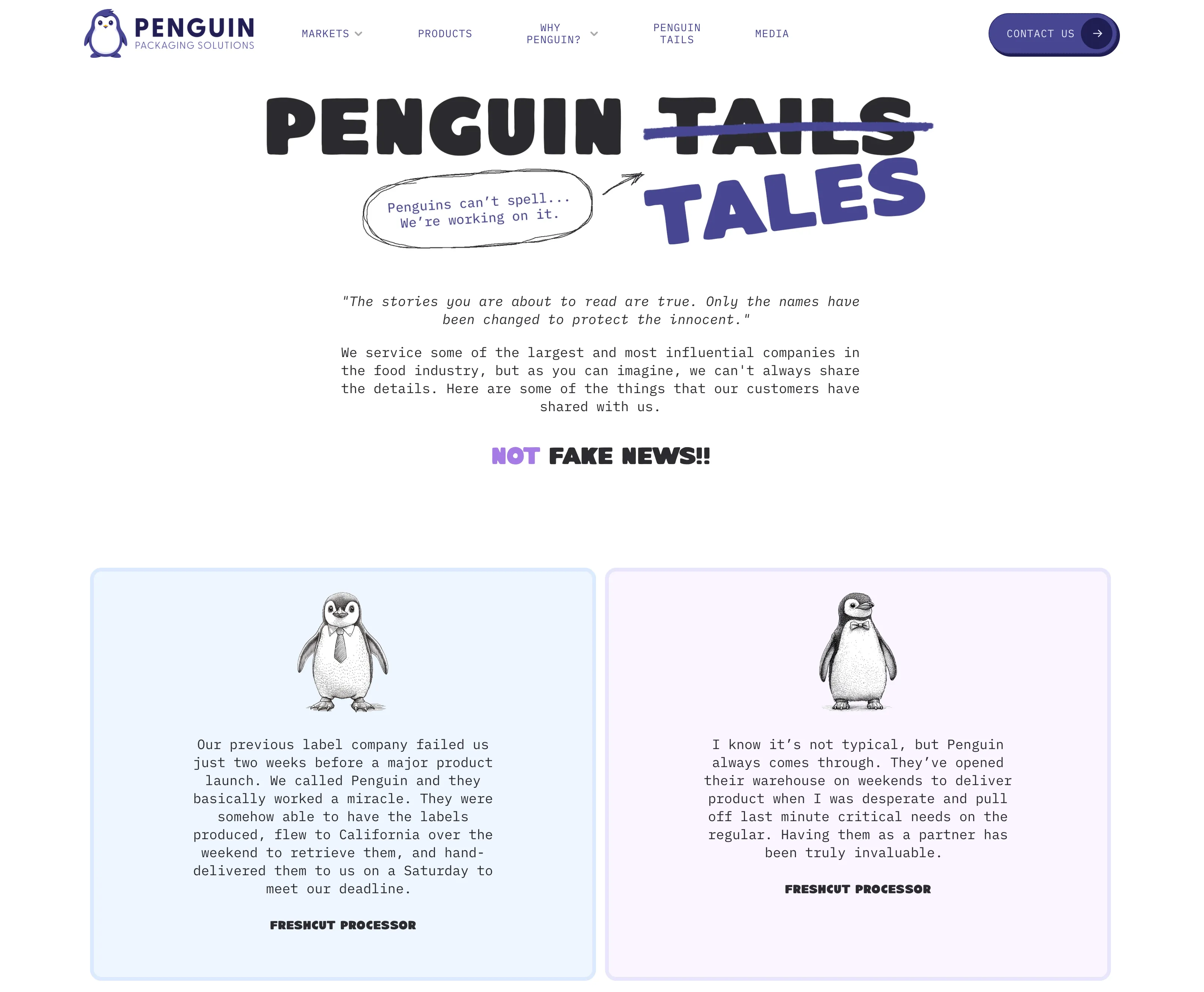 Penguin Tales customer story page with illustrated testimonial cards