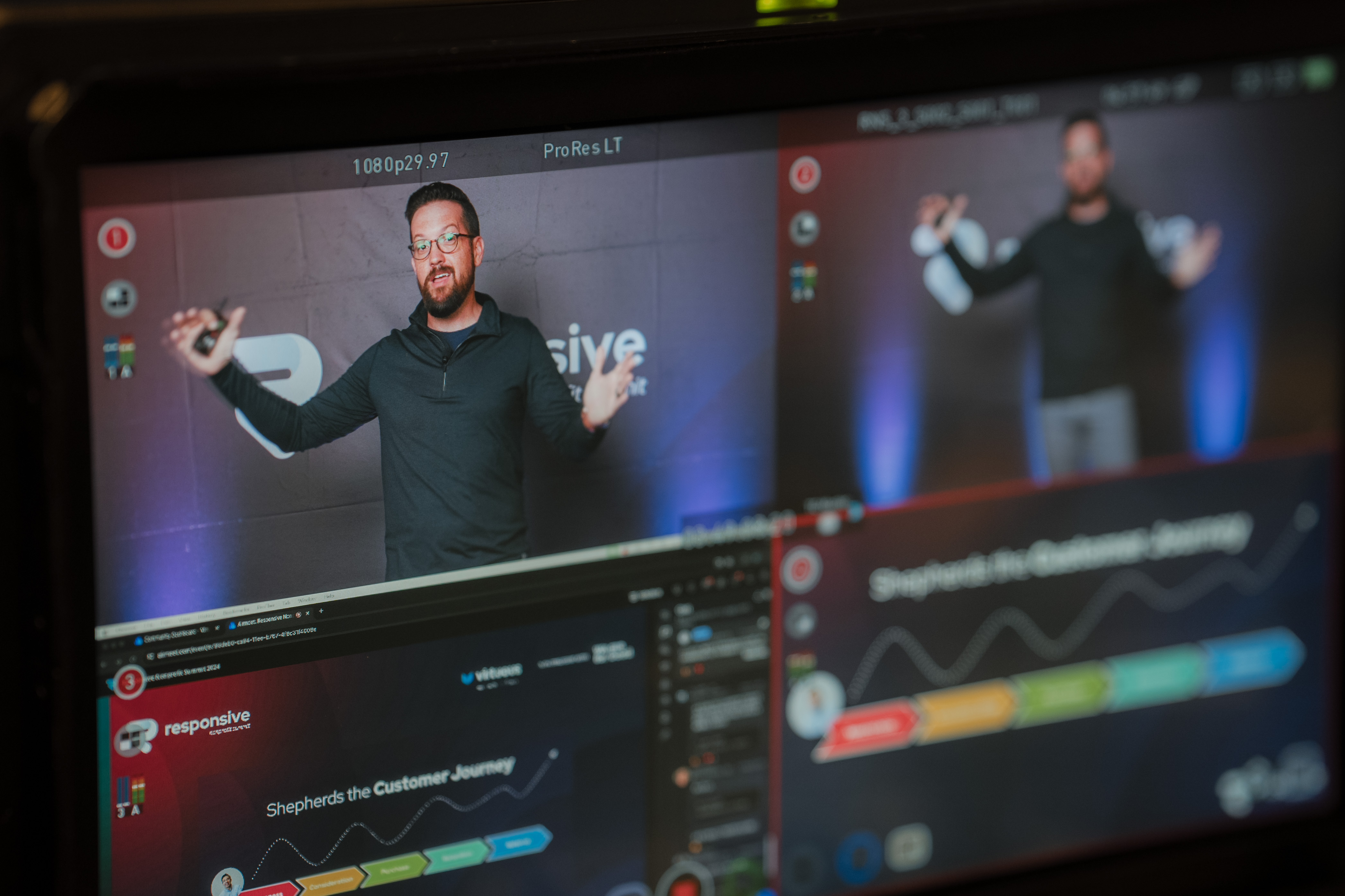 Behind-the-scenes production view of a responsive fundraising presentation