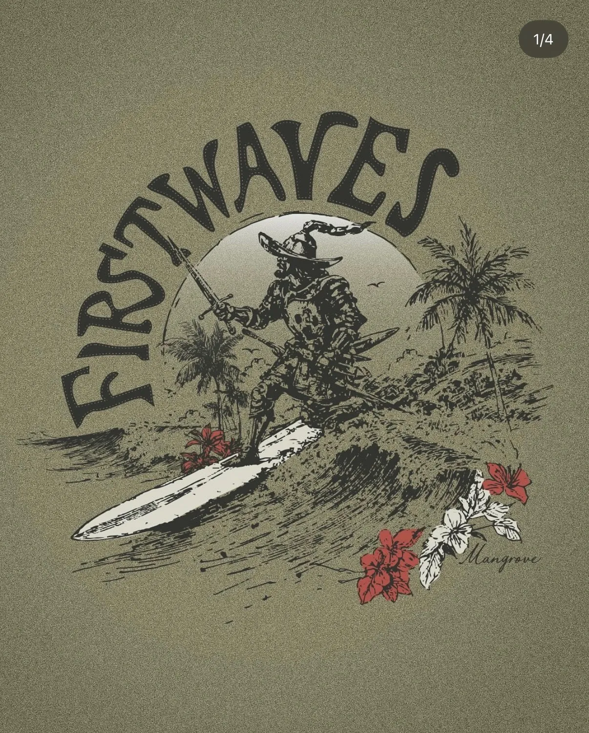 First Waves surfer illustration with Florida landscape details