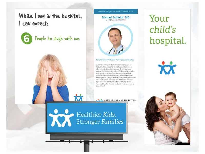 A collection of Arnold Palmer Hospital print, billboard, and digital applications