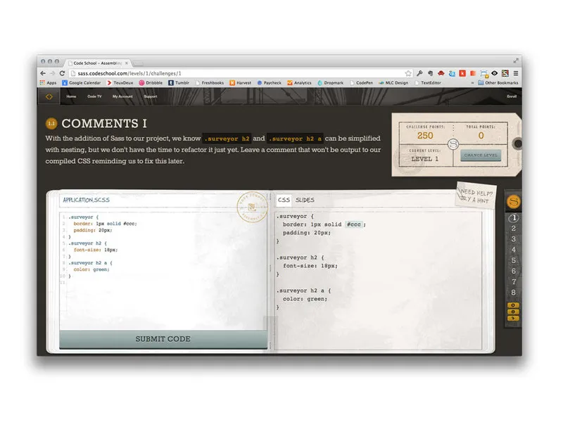 Code School coding challenge with lesson, editor, points, and level navigation