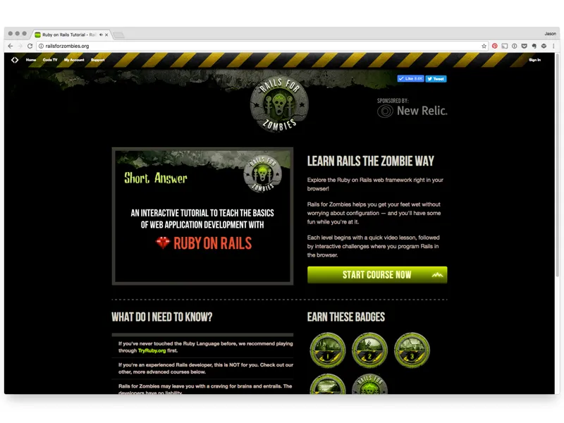 Rails for Zombies course homepage with course introduction and badges