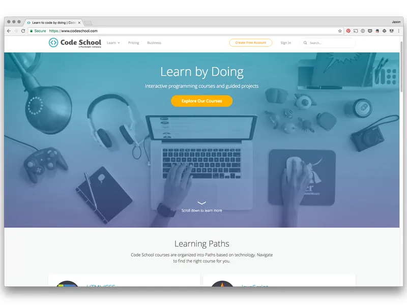 Code School platform homepage with Learn by Doing proposition