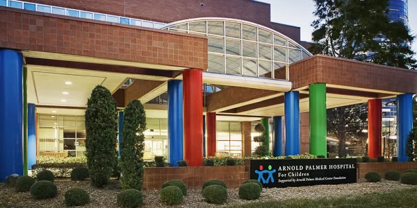 The entrance to Arnold Palmer Hospital for Children with its colorful exterior columns