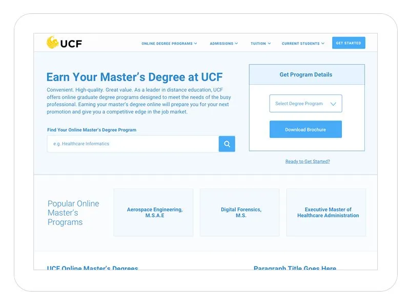 Wireframe for the redesigned UCF Online program discovery experience